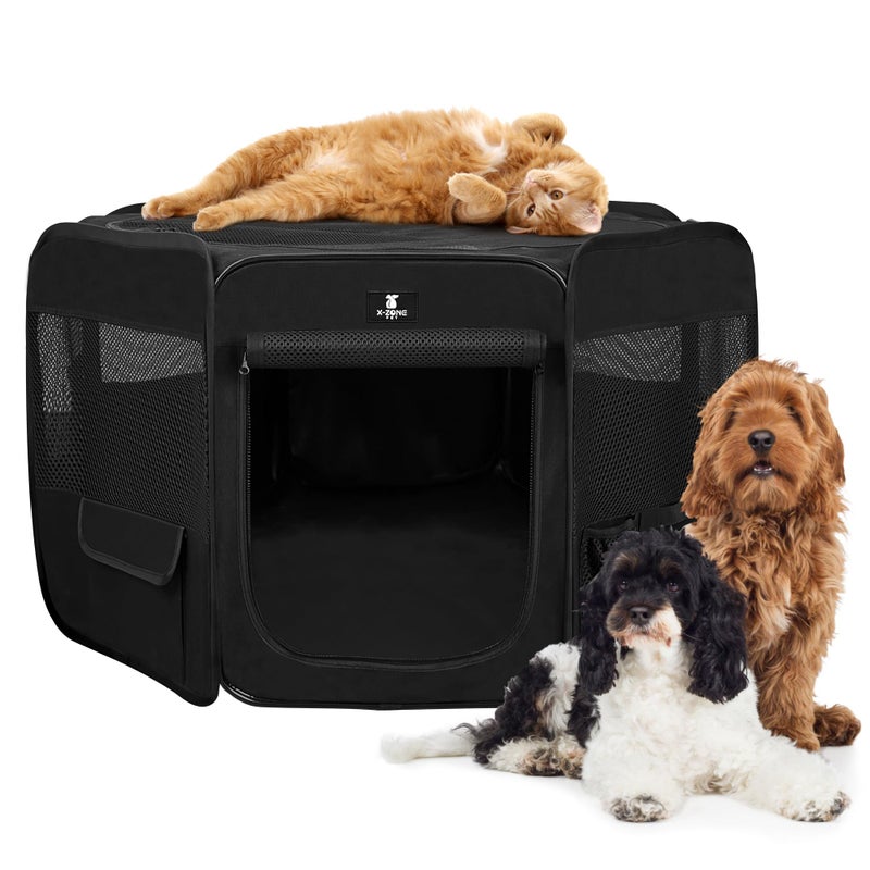 X-ZONE PET Dog Playpen Portable Pet Play Pens for Puppies, Cat, Rabbit, Chicks, Foldable Exercise Play Tent Kennel Crate, Indoor/Outdoor Travel Camping Black Large - Image 1